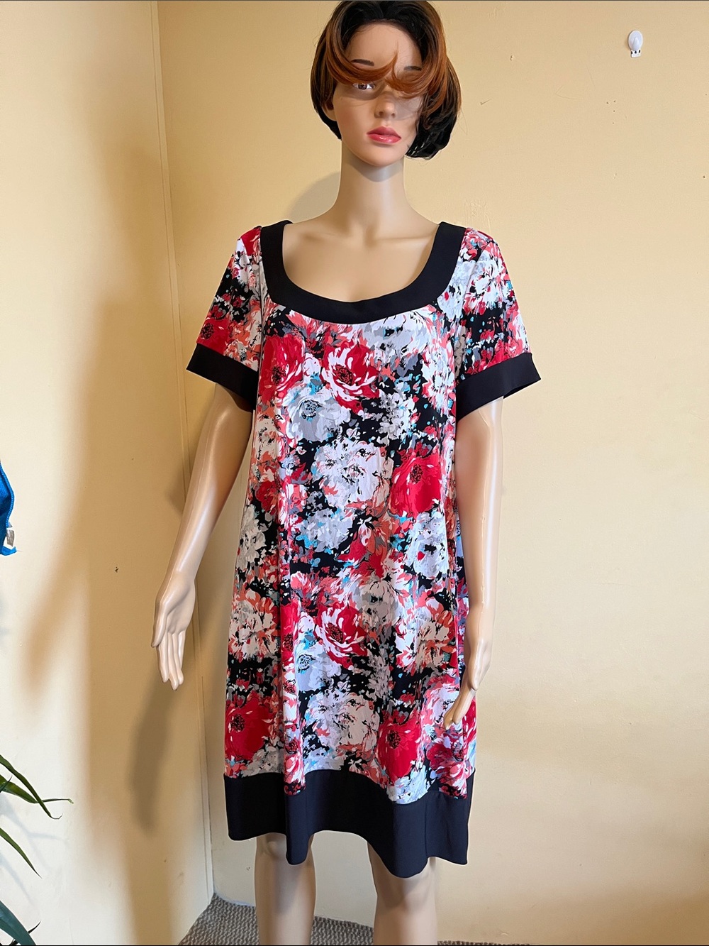 Tiana B. Black-Trim Floral Scoop Neck Dress with Red & White Blooms